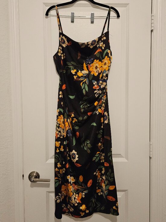 Garota Dresses & Skirts - Garota Black Floral Satin Midi Dress Size XS — Cowl Neck / Side Ruche